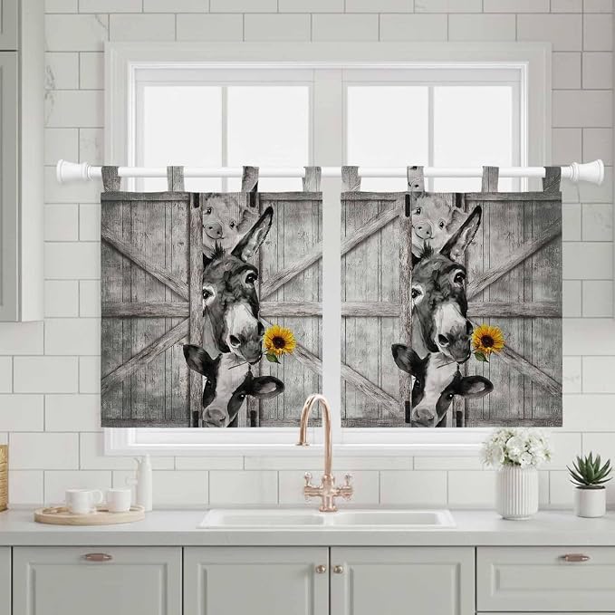 Funny Farm Animals Kitchen Curtains 24 Inch Length, Small Window Curtains Tab - Image 3