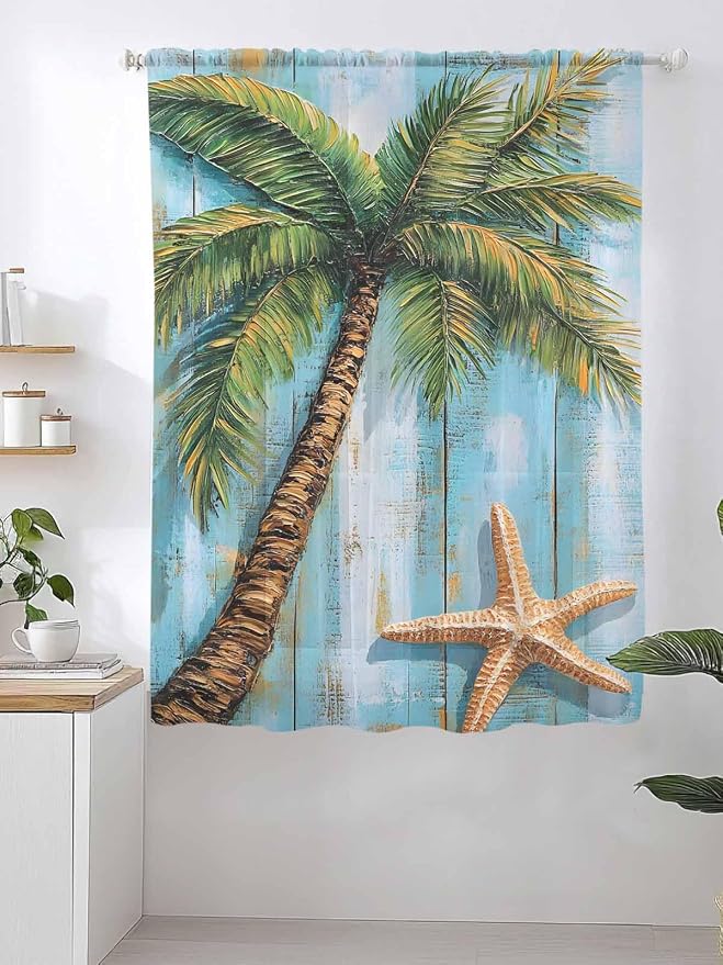 Sheer Curtains 72 Inches Long, Coastal Beach Tree Semi Sheer Curtains Light - Image 2
