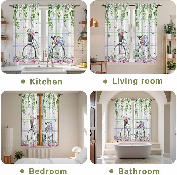 Spring Kitchen Curtains, Bicycles Botanical Leaves Rose Colorful Stripes Light - Image 8