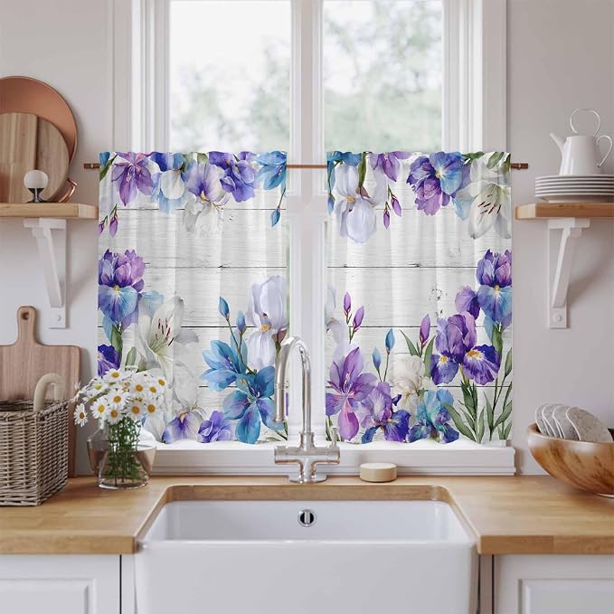 Spring Flowers Kitchen Curtains, Watercolor Garden Florals Wooden Grain Light by Unknown