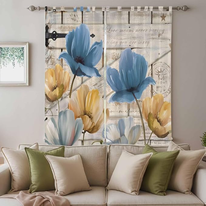 Blue Yellow Tulips Living Room Curtains 96 Inch Length, Window Curtains Tab Top - Image 3