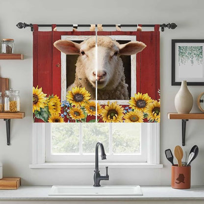 Sheep Sunflower Kitchen Curtains 45 Inch Length, Short Cafe Window Curtains Tab - Image 3