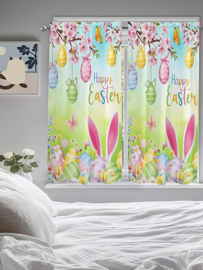 Easter Bedroom Curtains 63 Inches length, Spring Bunny Colorful Rabbit Eggs - Image 5