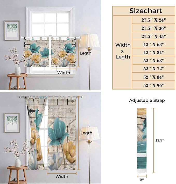 Watercolor Flowers Bathroom Curtains 63 Inch Length, Window Curtains Tab Top - Image 8