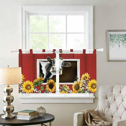 Cows Sunflowers Kitchen Curtains 36 Inch Length, Small Window Curtains Tab Top - Image 2