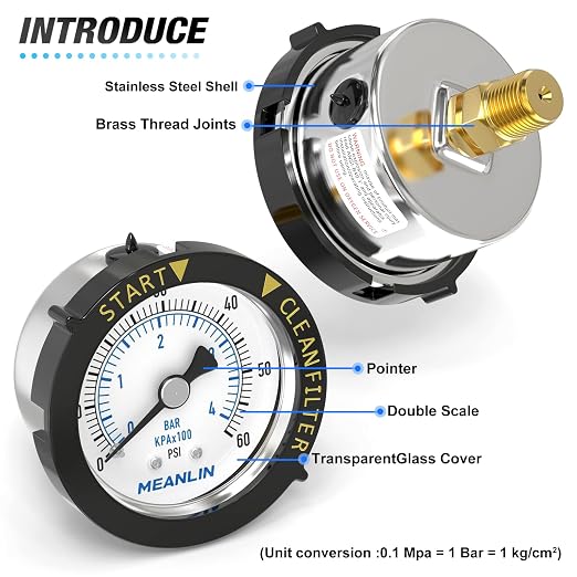 MEANLIN MEASURE 0~60Psi Stainless Steel Start and Clean Filter Pressure Gauge - Image 4