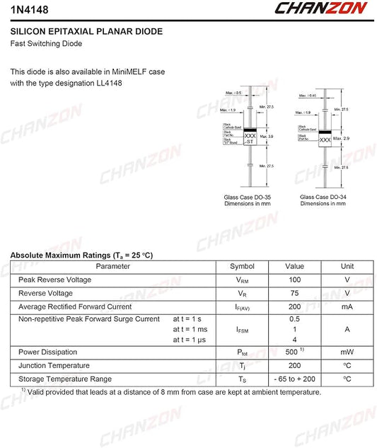 Chanzon 1N4148 Small Signal Fast Switching Diodes High-Speed Axial 200mA 100V - Image 2