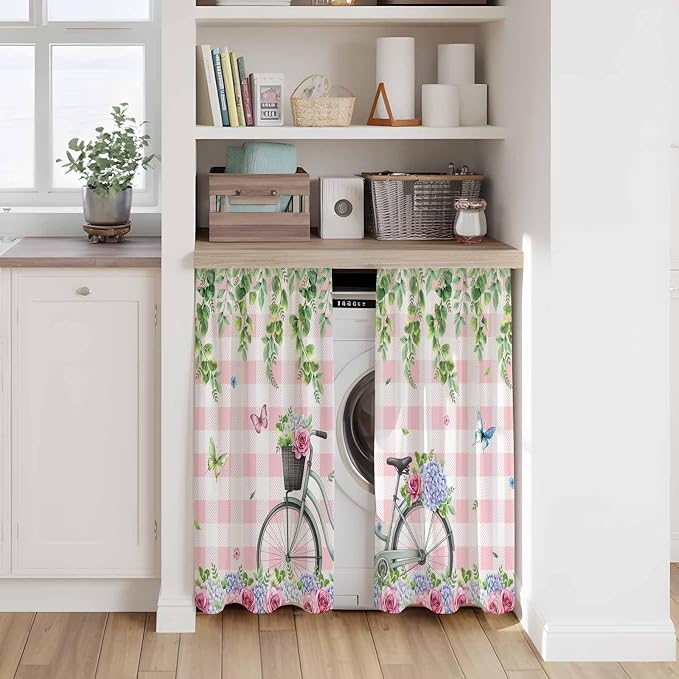 Spring Tier Curtains, Bicycles Leaves Butterfly Flowers Pink Buffalo Plaid - Image 7