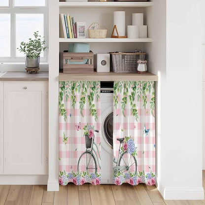 Spring Tier Curtains, Bicycles Leaves Butterfly Flowers Pink Buffalo Plaid - Image 7