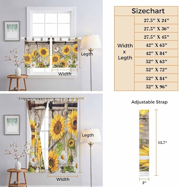 Farmhouse Sunflowers Bedroom Curtains 63 Inch Length, Window Curtains Tab Top - Image 8