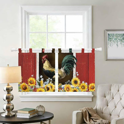 Chicken Sunflowers Kitchen Curtains 36 Inch Length, Small Window Curtains Tab - Image 2
