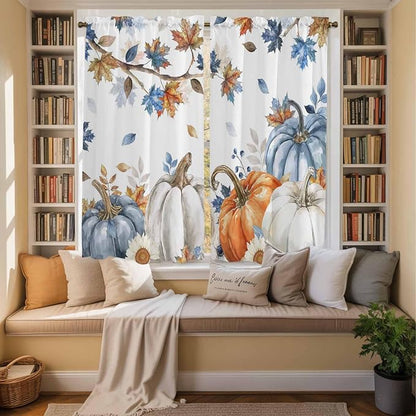 Navy Blue Pumpkin Fall Window Curtains 63 Inch Long 2 Panel Set, Rod Pocket - Image 3