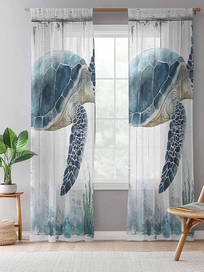 Sheer Curtains 108 Inches Long, Sea Turtle Teal Blue Semi Sheer Curtains Light - Image 5