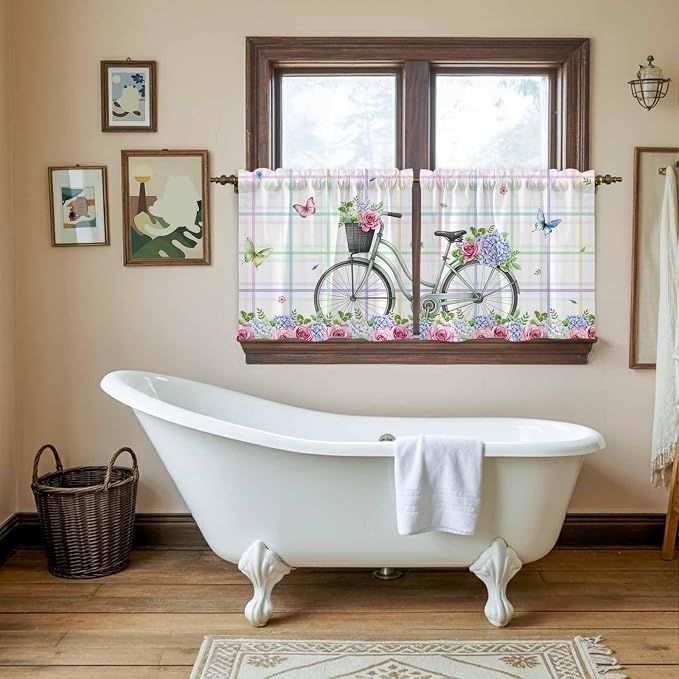 Spring Tier Curtains, Bicycles Botanical Leaves Rose Colorful Stripes Light - Image 5