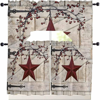 Village Stars Swag Kitchen Curtains Valance and Tier Set, Vintage Dark Red Star - Image 7