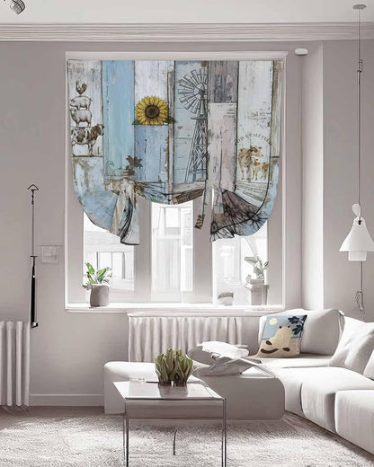 Tie Up Curtains for Windows, Farmhouse Barn Sunflowers Retro Decorative Tie Up - Image 3