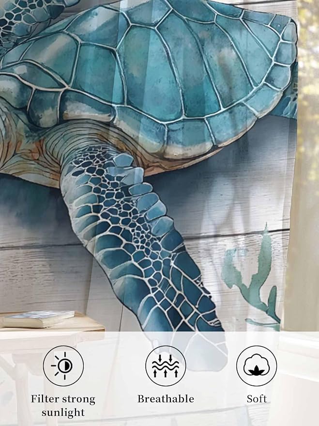 Sheer Curtains 96 Inches Long, Teal Green Sea Turtle Semi Sheer Curtains Light - Image 6