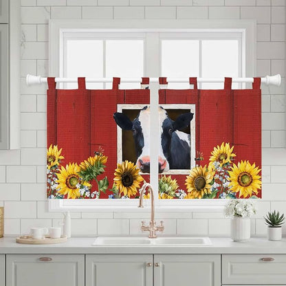 Cow Sunflowers Kitchen Curtains 36 Inch Length, Small Window Curtains Tab Top - Image 3