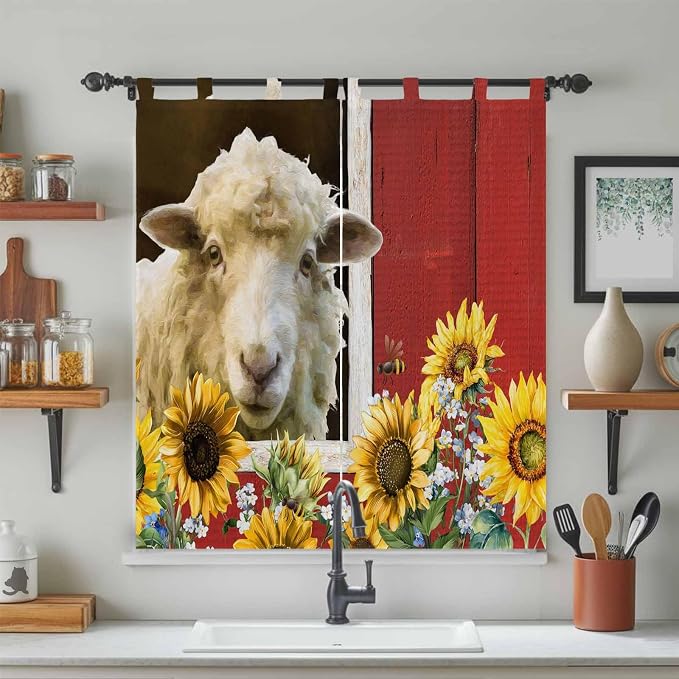 Sheep Flowers Bedroom Curtains 72 Inch Length, Window Curtains Tab Top - Image 3