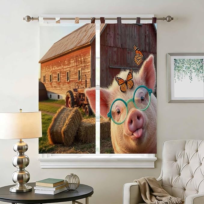 Farm Pig Bathroom Curtains 63 Inch Length, Window Curtains Tab Top, Farmhouse - Image 2