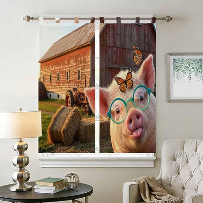 Farm Pig Bathroom Curtains 63 Inch Length, Window Curtains Tab Top, Farmhouse - Image 2