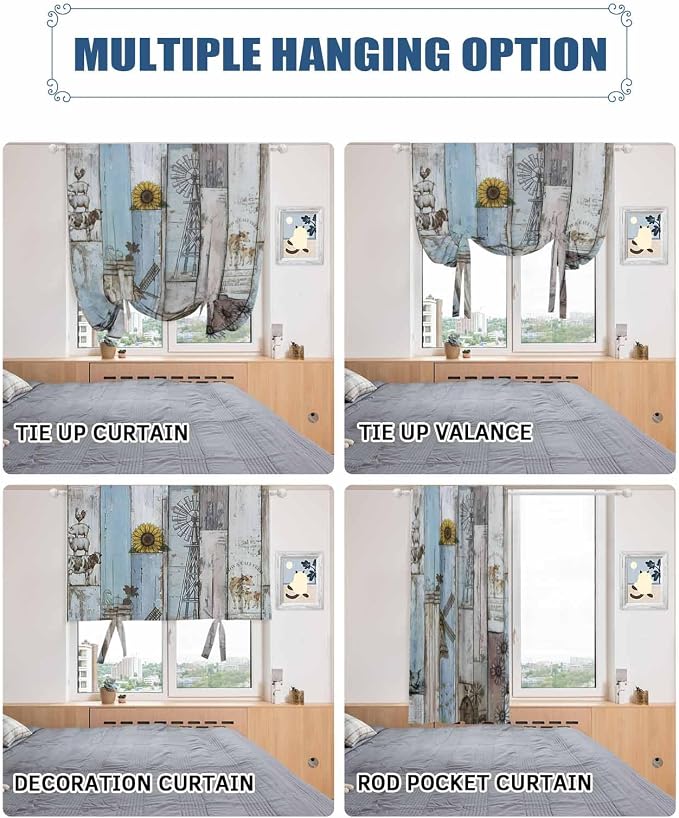 Tie Up Curtains for Windows, Farmhouse Barn Sunflowers Retro Decorative Tie Up - Image 5