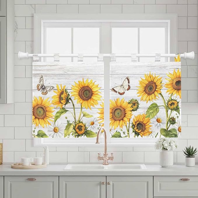 Yellow Sunflowers Kitchen Curtains 24 Inch Length, Small Window Curtains Tab Top - Image 3