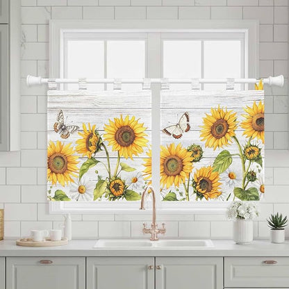 Yellow Sunflowers Kitchen Curtains 36 Inch Length, Small Window Curtains Tab Top - Image 3