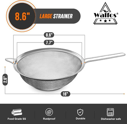 Walfos 8.6 Inch Large Fine Mesh Strainer, Kitchen Metal Food Strainers - Image 4