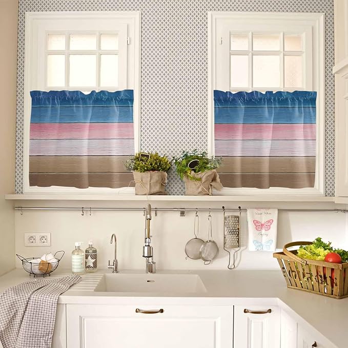 Blue Pink Brown Gradient Wood Grain Window Valance Curtains, Vintage Wood Board - Image 3
