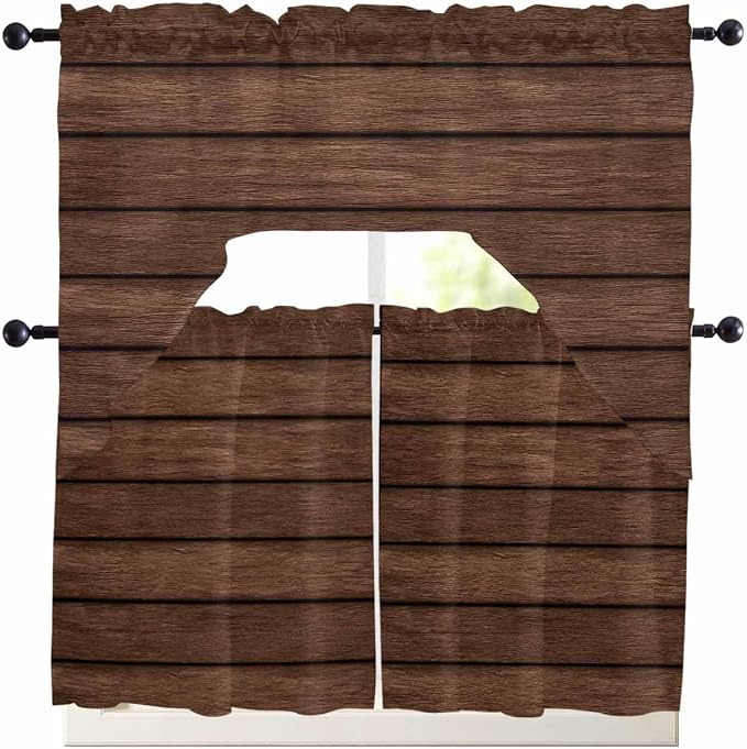 Brown Wooden Board Swag Kitchen Curtains Valance and Tier Set, Vintage Wood by Unknown