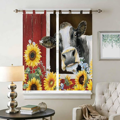 Cows Sunflowers Bathroom Curtains 63 Inch Length, Window Curtains Tab Top - Image 2