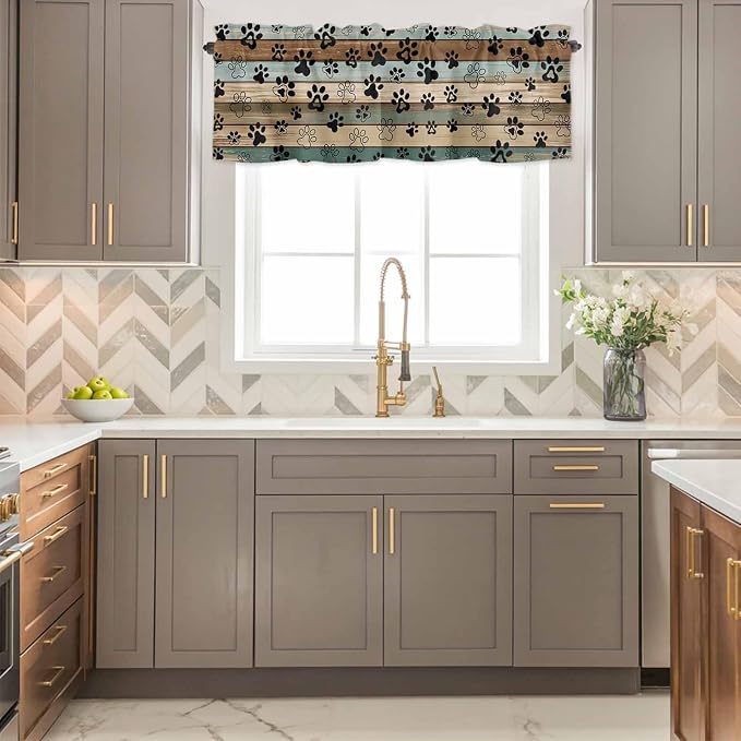 Dog Paws Valance Curtains for Kitchen, Teal Brown Wood Grain Privacy Rod Pocket - Image 2