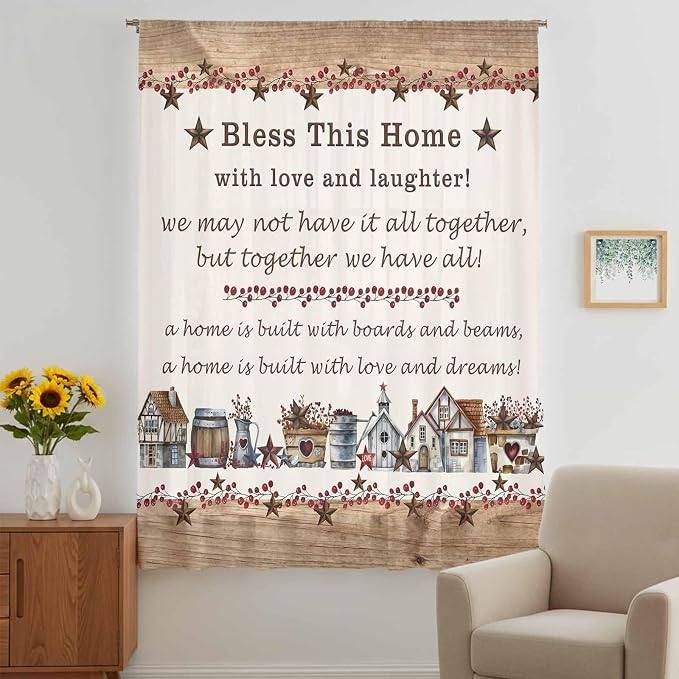 Farmhouse Sheer Curtains 72 Inch Length Country Star Barn Berry Brown Wood - Image 5
