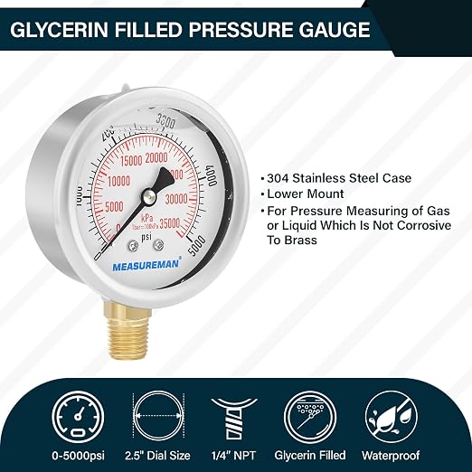 MEASUREMAN 2-1/2inch Dial Size, Liquid Filled Hydraulic Pressure Gauge - Image 2