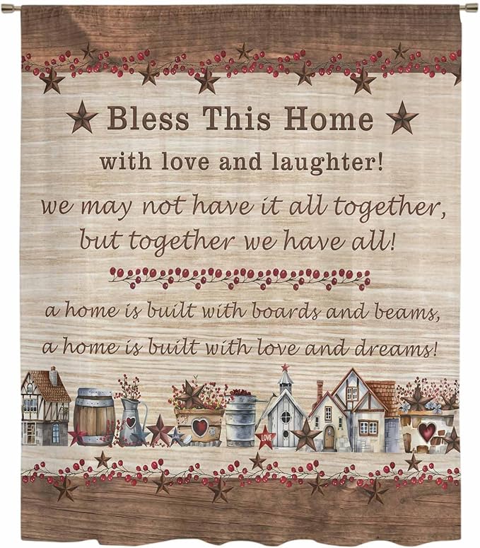 Farmhouse Sheer Curtains 72 Inch Length Brown Country Star Berry Vintage Wood - Image 6