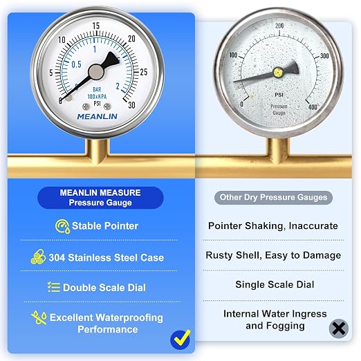 MEANLIN MEASURE 0~30Psi Dry Low Pressure Gauge Stainless Steel 1/4" NPT 2" FACE - Image 5