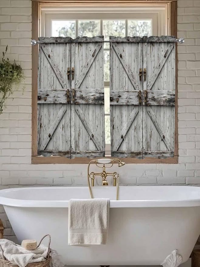 Vintage Gate Kitchen Curtains 54 Inches Length, Farmhouse Wooden Grain Shabby - Image 7