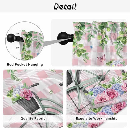 Spring Tier Curtains, Bicycles Leaves Butterfly Flowers Pink Buffalo Plaid - Image 9