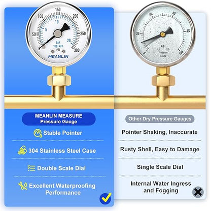MEANLIN MEASURE 0~300Psi Dry Pressure Gauge Stainless Steel 1/4" NPT 2" FACE - Image 5