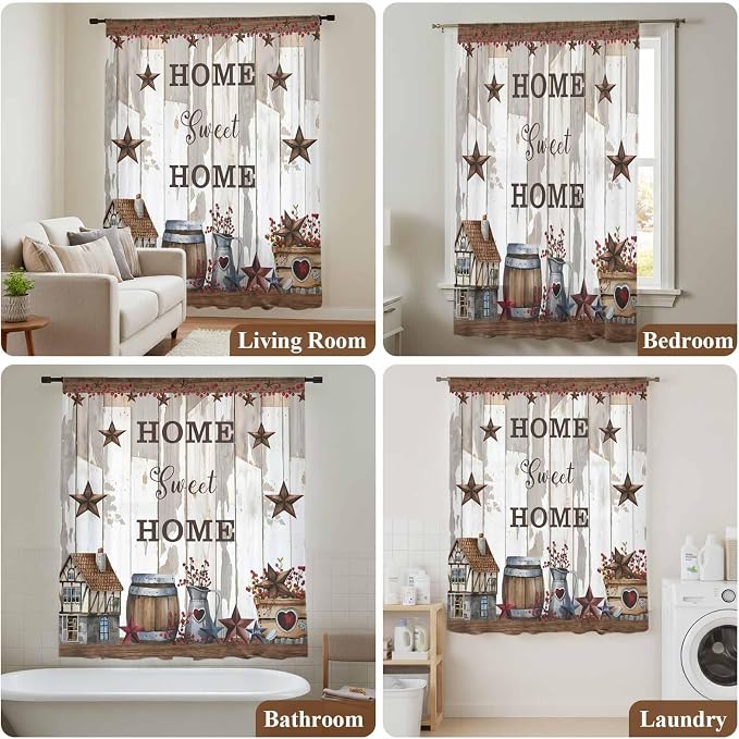Farmhouse Sheer Curtains 63 Inch Length Retro Country Star Berry Vintage Wood - Image 7