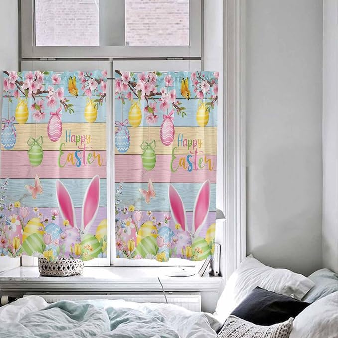 Colorful Easter Kitchen Curtains 45 Inches length, Spring Watercolor Bunny Egg - Image 5