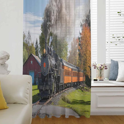 Steam Train Sheer Curtains 63 Inch Length Railroad Country Barn Rustic Trees by Unknown
