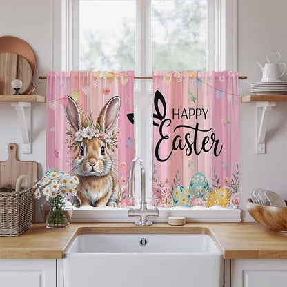 Easter Tier Curtains, Spring Rabbit Eggs Flowers Flags Leaves Wood Grain Light - Image 2