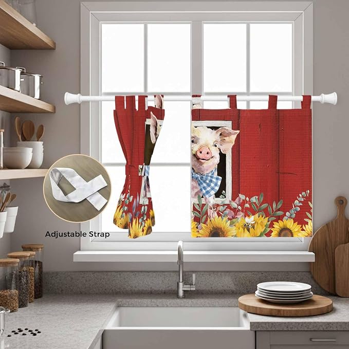 Pig Sunflowers Kitchen Curtains 24 Inch Length, Small Window Curtains Tab Top - Image 5