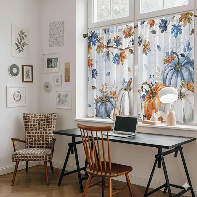Fall Blue Maple Kitchen Curtains 45 Inch Long 2 Panel Set, Rod Pocket Window - Image 6