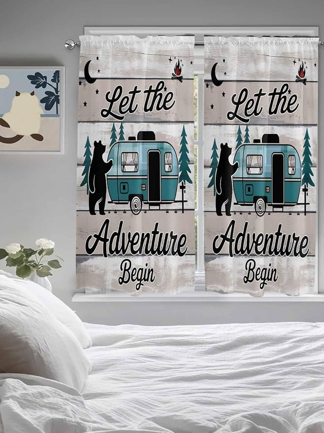 Farmhouse Bear Camper Van Tree Window Valance Curtains, Vintage Wood Grain - Image 5