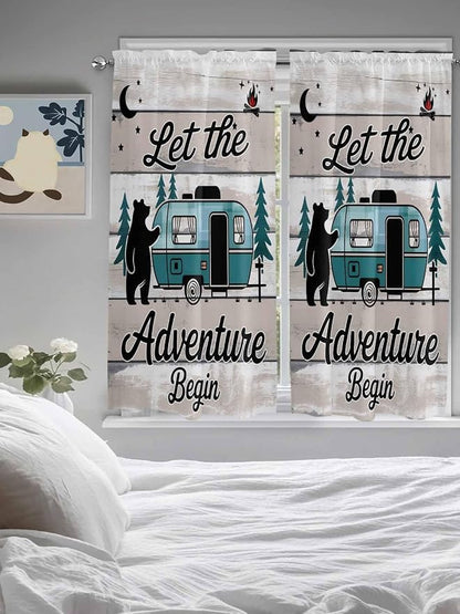 Farmhouse Bear Camper Van Tree Window Valance Curtains, Vintage Wood Grain - Image 5