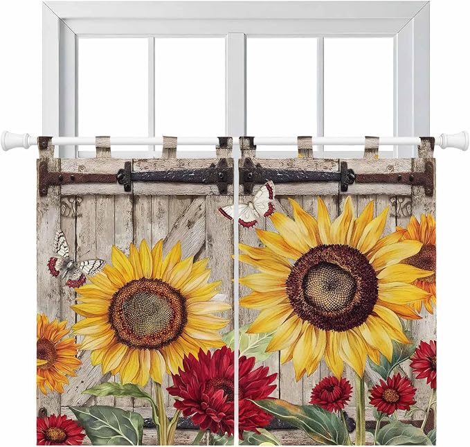 Sunflowers Kitchen Curtains 45 Inch Length, Short Cafe Window Curtains Tab Top by Unknown