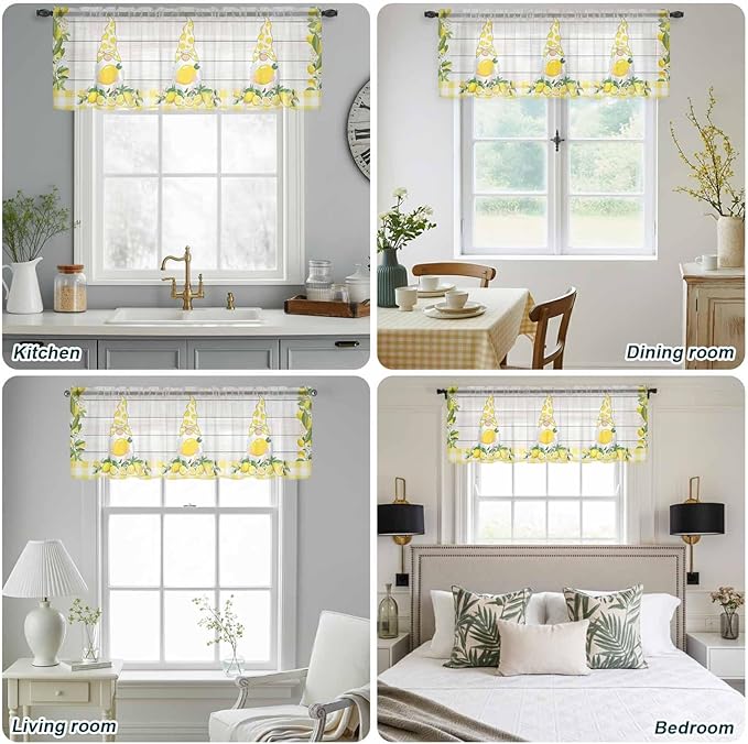 Lemon Dwarfs Sheer Valance Curtains, Gnome Green Leaf Wood Striped Yellow Plaid - Image 9
